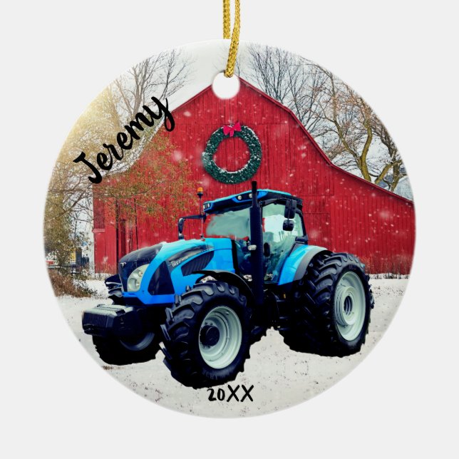 Adorno De Cerámica Navidades modernos del Tractor Azul (Frente)