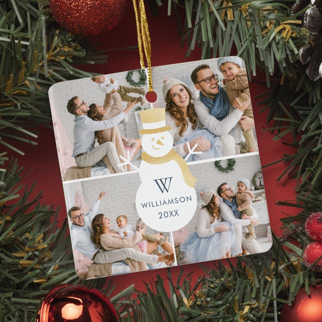 Adorno De Cerámica Navidades modernos Monograma de Snowman Cuatro fot (Modern Christmas Snowman Monogram Four Photo Ceramic Ornament)