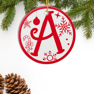 Adorno De Cerámica Navidades Monograma A Blanco Rojo
