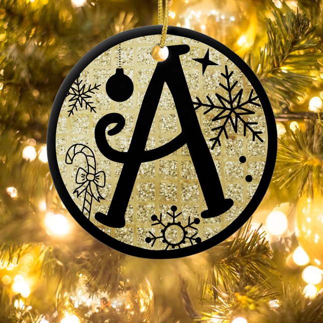 Adorno De Cerámica Navidades Monograma A Purpurina de oro negro (Subido por el creador)