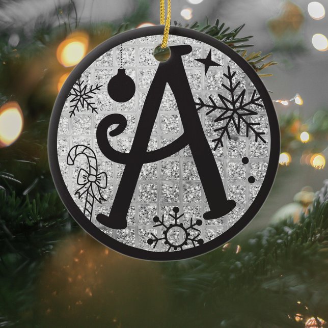 Adorno De Cerámica Navidades Monograma A Purpurina Plata Negro (Subido por el creador)