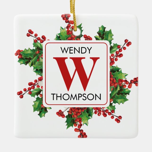 Adorno De Cerámica Navidades Monograma Festividad Roja y Verde (Anverso)