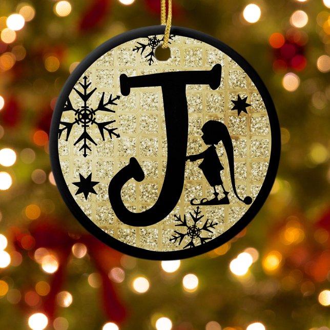 Adorno De Cerámica Navidades Monograma Letra J Purpurina Oro Negro (Subido por el creador)