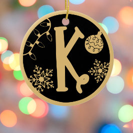 Adorno De Cerámica Navidades Monograma Letra K Oro Negro