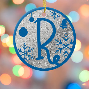 Adorno De Cerámica Navidades Monograma Letra R Purpurina Plata Azul