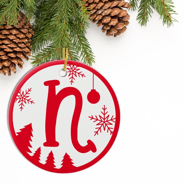 Adorno De Cerámica Navidades Monograma N Blanco Rojo (Subido por el creador)