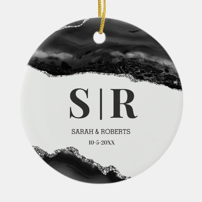 Adorno De Cerámica Navidades Monogramados de Black Geode Agate Couple (Frente)