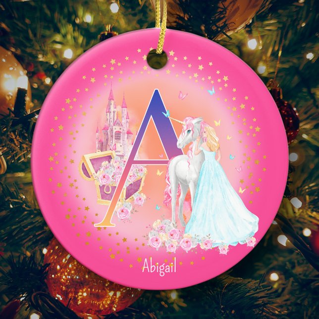 Adorno De Cerámica Navidades monogramas de Unicornio y Princesa (This pretty pink monogrammed Christmas ornament is perfect for your little princess!)