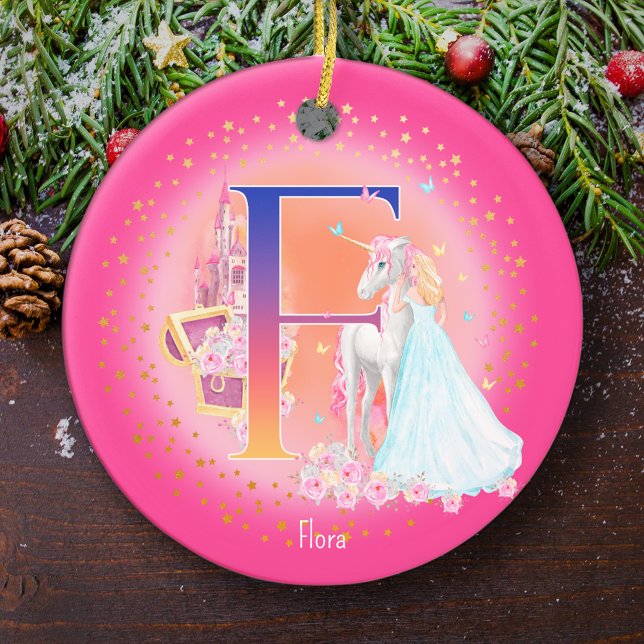 Adorno De Cerámica Navidades Monogramas de Unicornio y Princesa (This pretty pink monogrammed Christmas ornament is perfect for your little princess!)
