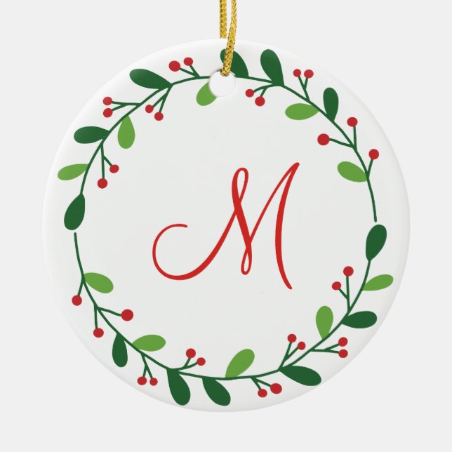 Adorno De Cerámica Navidades monogramas Holly rojo y guirnalda verde  (Frente)