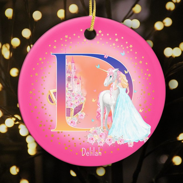 Adorno De Cerámica Navidades Monogramas Unicornio y Princesa D (This pretty pink monogrammed Christmas ornament is perfect for your little princess!)