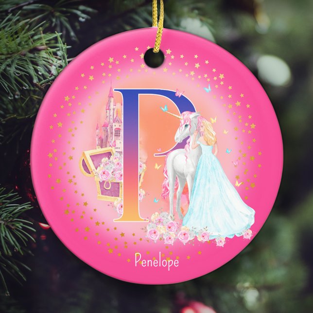 Adorno De Cerámica Navidades monogramas Unicornio y Princesa P (This pretty pink monogrammed Christmas ornament is perfect for your little princess!)