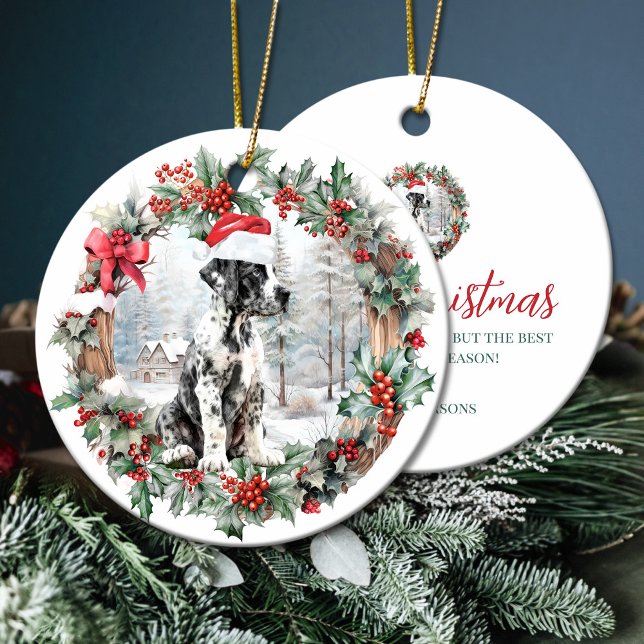 Adorno De Cerámica Navidades muy buenos, gran perro perrito Santa hat (Cute Christmas great dane dog puppy Santa hat Ceramic Ornament)