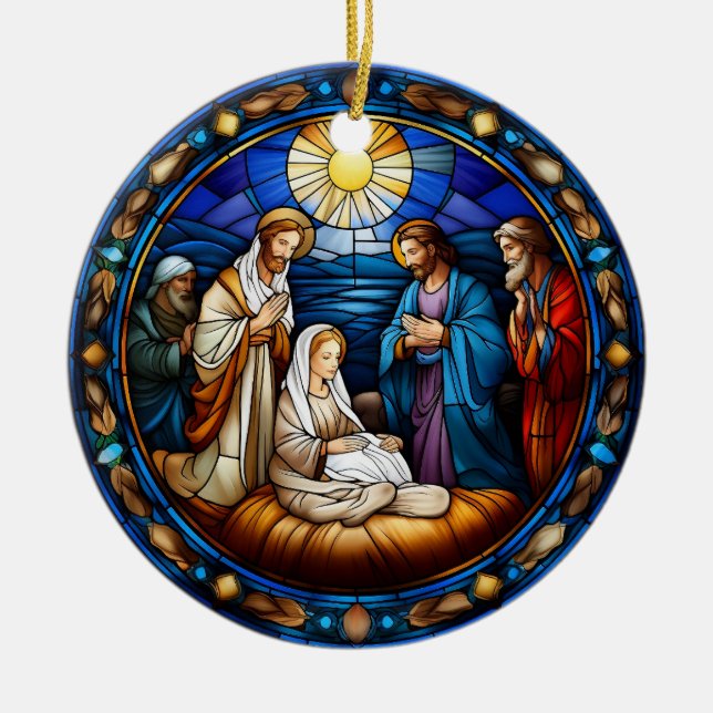 Adorno De Cerámica Navidades Natividad Escena Vidrio Manchado (Frente)