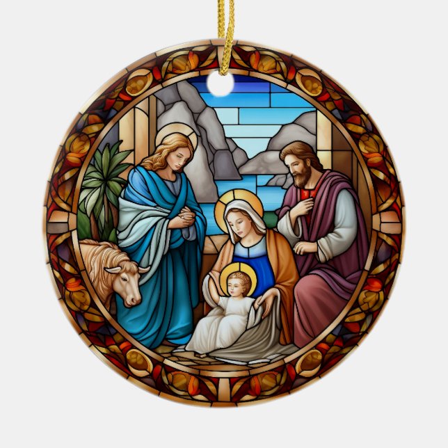 Adorno De Cerámica Navidades Natividad Escena Vidrio Manchado (Frente)