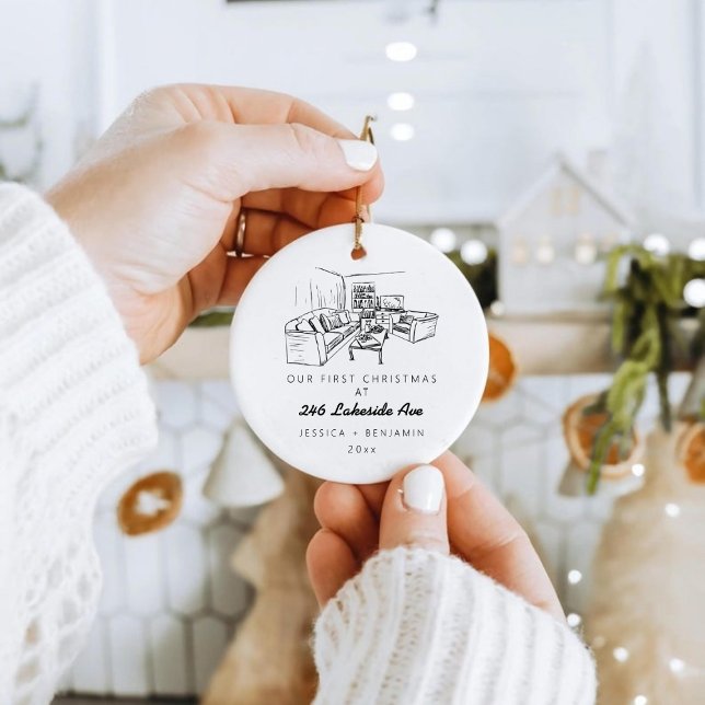 Adorno De Cerámica Navidades nuevos del nuevo hogar clásicos Minimali (Personalized Minimalist Classic New Home Christmas Ceramic Ornament)