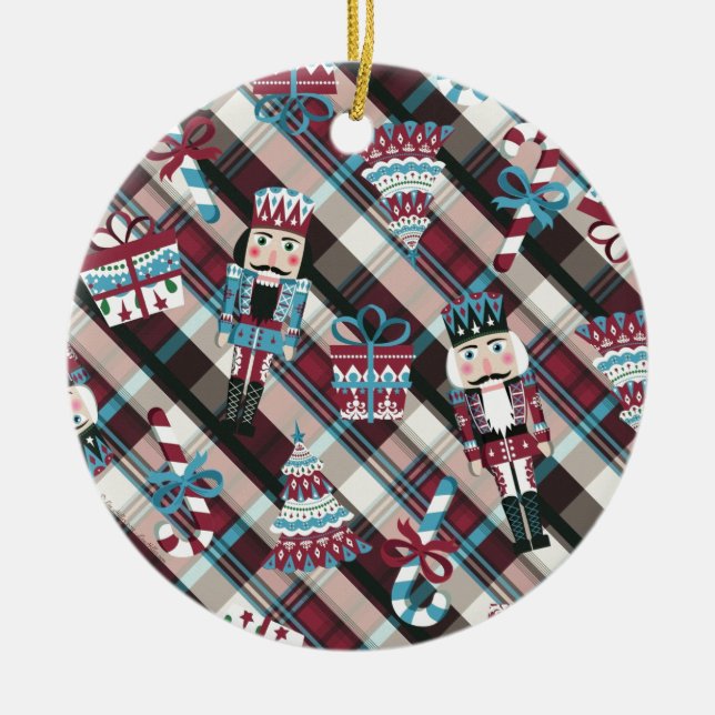 Adorno De Cerámica Navidades Nutcracker Plaid Blue Burgundy (Frente)