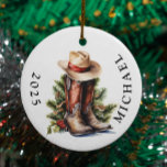 Adorno De Cerámica Navidades occidentales Cowboy Boots Gorra nombre<br><div class="desc">Este diseño se puede personalizar eligiendo la opción Editar diseño. También puede transferir a otros artículos. Póngase en contacto conmigo en colorflowcreations@gmail.com o utilice la opción de chat en la parte superior de la página si desea tener este diseño en otro producto o necesita ayuda con este diseño. Ver más...</div>