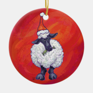 Adorno De Cerámica Navidades ovinos en rojo