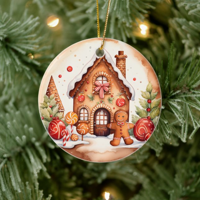 Adorno De Cerámica Navidades pan de jengibre agregar mensaje acuarela (Árbol)