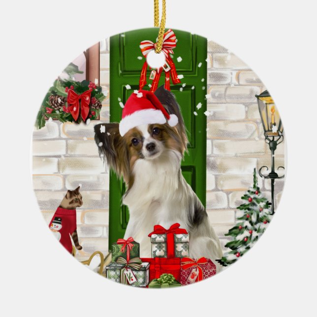 Adorno De Cerámica Navidades Papillon Dog (Frente)