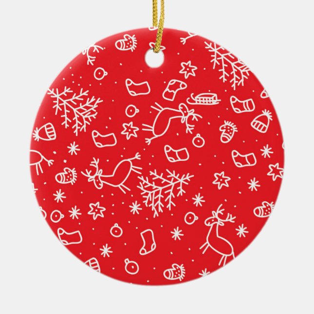 Adorno De Cerámica navidades, patrón sobre fondo rojo, doodle (Frente)