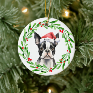 Adorno De Cerámica Navidades Perro Boston Terrier Mascota de vacacion