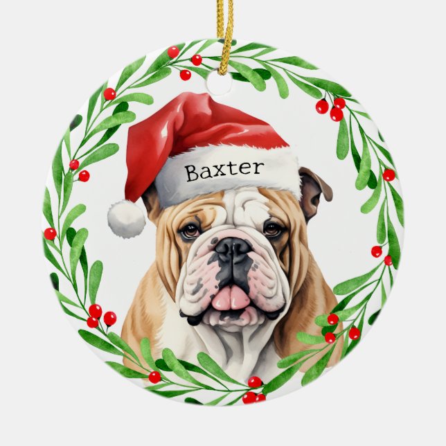 Adorno De Cerámica Navidades Perro Bulldog inglés Raza Santa Festivid (Frente)