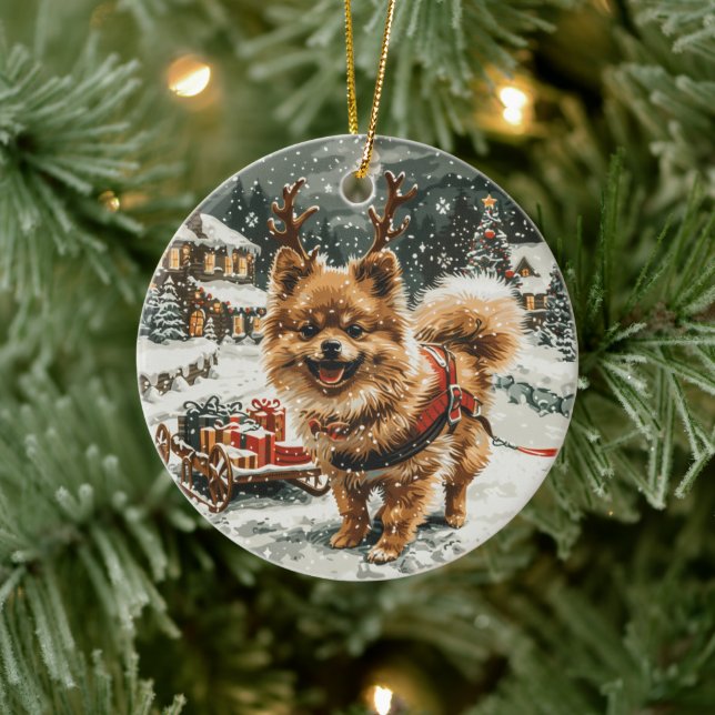 Adorno De Cerámica Navidades Perro reno Pomerania (Árbol)