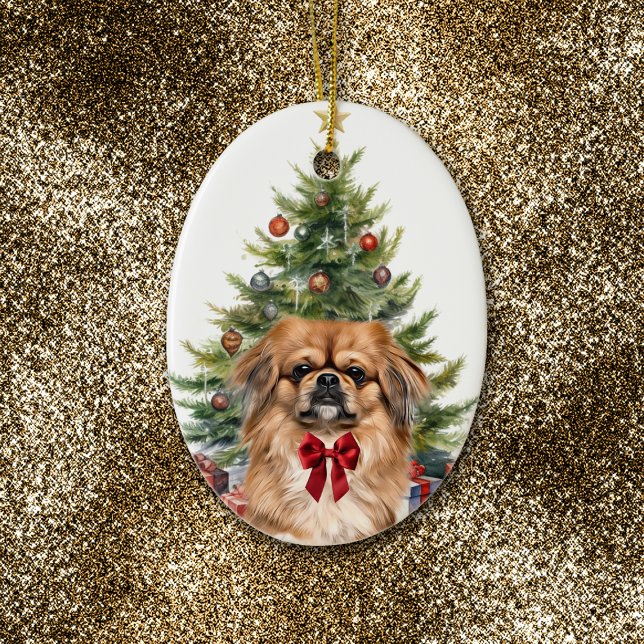 Adorno De Cerámica Navidades Perros Pekingeses Adorables De Bow Rojo (Subido por el creador)