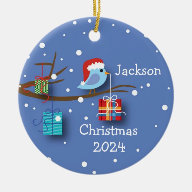 Adorno De Cerámica Navidades personalizados Bluebird con regalos (Frente)