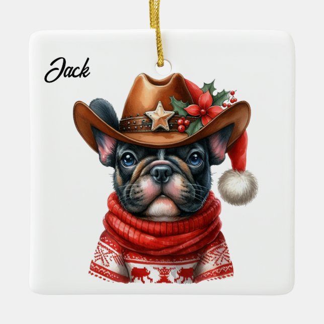 Adorno De Cerámica Navidades personalizados Bulldog francés con Gorra (Anverso)