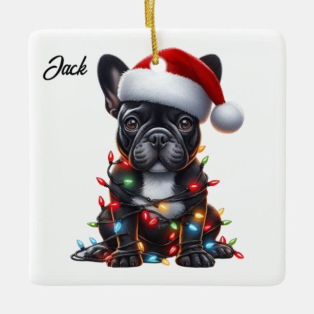Adorno De Cerámica Navidades personalizados Bulldog francés con Santa (Anverso)