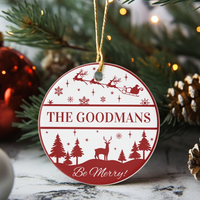 Adorno De Cerámica Navidades personalizados clásicos de Santa y Sleig (Classic Santa and Sleigh Personalized Christmas Ceramic Ornament -Just add your name or special text)