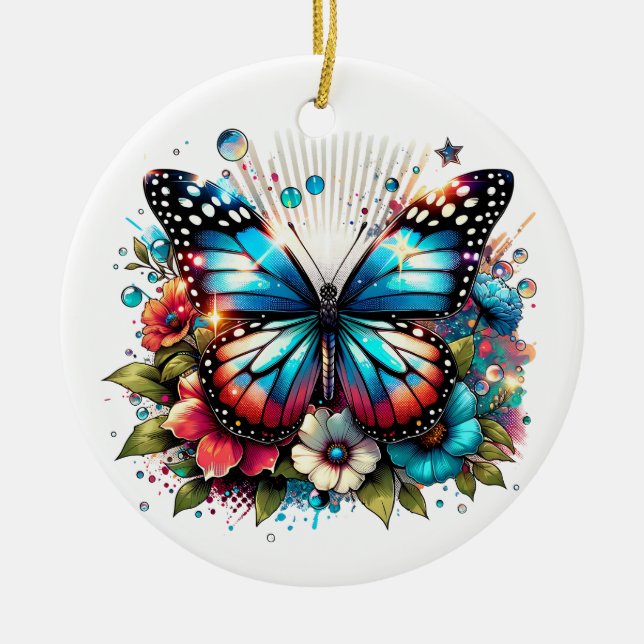 Adorno De Cerámica Navidades personalizados con mariposa azul y flore (Frente)