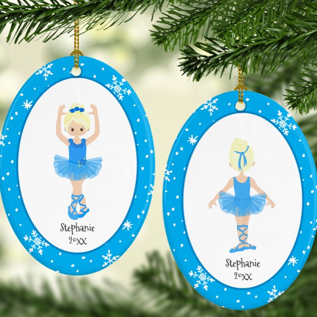 Adorno De Cerámica Navidades personalizados de Blue Ballerina Snowfla (Personalized Blue Ballerina Snowflakes Christmas Ceramic Ornament)