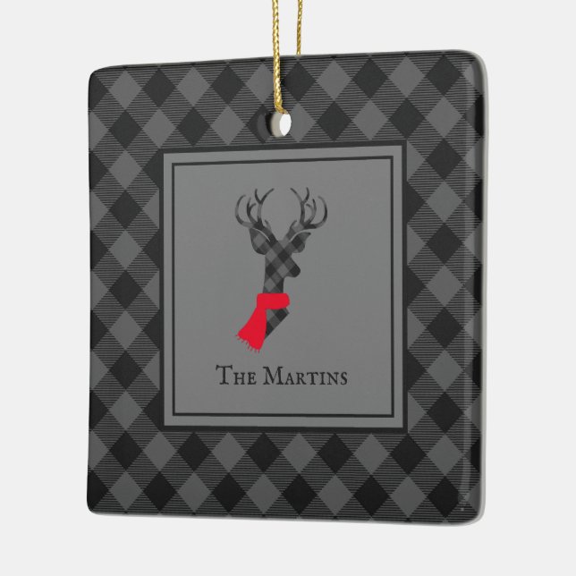 Adorno De Cerámica Navidades personalizados de Buffalo Plaid Deer Gre (Izquierda)