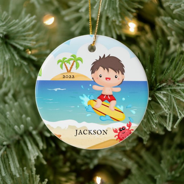 Adorno De Cerámica Navidades personalizados de chico surfista (Árbol)