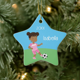 Adorno De Cerámica Navidades personalizados de fútbol de Chica negro