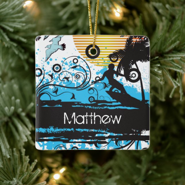 Adorno De Cerámica Navidades personalizados de Grunge Surfing Beach (Árbol)