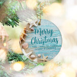 Adorno De Cerámica Navidades personalizados de la empresa Cute Beach<br><div class="desc">Un lindo personalizado de vacaciones de negocios para una compañía de islas tropicales. Personalizar este verde azulado bonito de fotografía de madera azul y conchas marinas adorno navideño con tu nombre de corporación costera u otro texto profesional costero.</div>