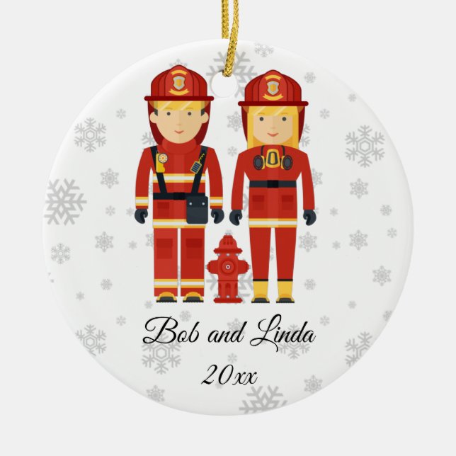 Adorno De Cerámica Navidades personalizados de la pareja de bomberos (Frente)
