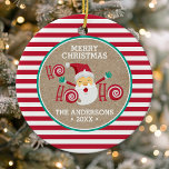 Adorno De Cerámica Navidades personalizados de Peppermint de Santa Cl<br><div class="desc">Ornamento de cerámica de Navidades personalizados de Peppermint de Santa Claus. Diseño elegante de Santa Claus con fondo de rayas de caramelo y caramelos de menta.</div>