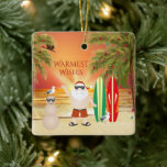 Adorno De Cerámica Navidades personalizados de surf en Santa Beach<br><div class="desc">Este adorno de cerámica para Navidades de vacaciones Warmest cuenta con una bonita escena de playa con Santa, tablas de surf, un muñeco de nieve de arena, gaviotas, palmeras decoradas con luces festivas y al fondo el sol se pone sobre el agua. La parte posterior se puede personalizar con un...</div>