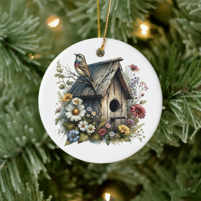 Adorno De Cerámica Navidades personalizados de Watercolor Birdhouse (Árbol)