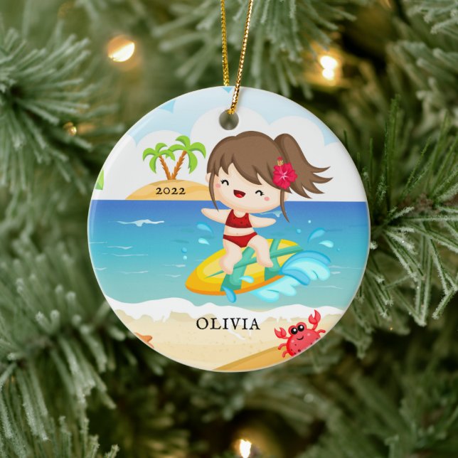 Adorno De Cerámica Navidades personalizados del Chica de surfistas (Árbol)