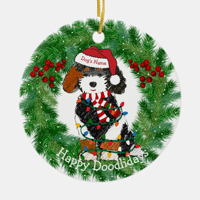 Adorno De Cerámica Navidades personalizados iluminan Bernedoodle (Frente)