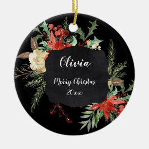 Adorno De Cerámica Navidades personalizados marco floral negro