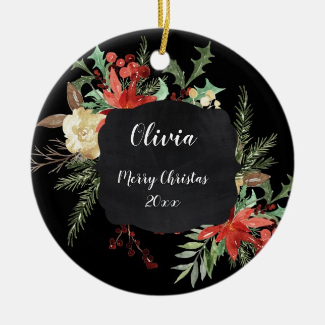 Adorno De Cerámica Navidades personalizados marco floral negro (Frente)