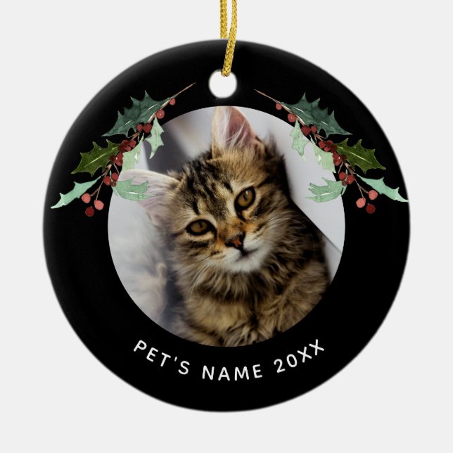 Adorno De Cerámica Navidades personalizados Mascota foto Holly en neg (Frente)
